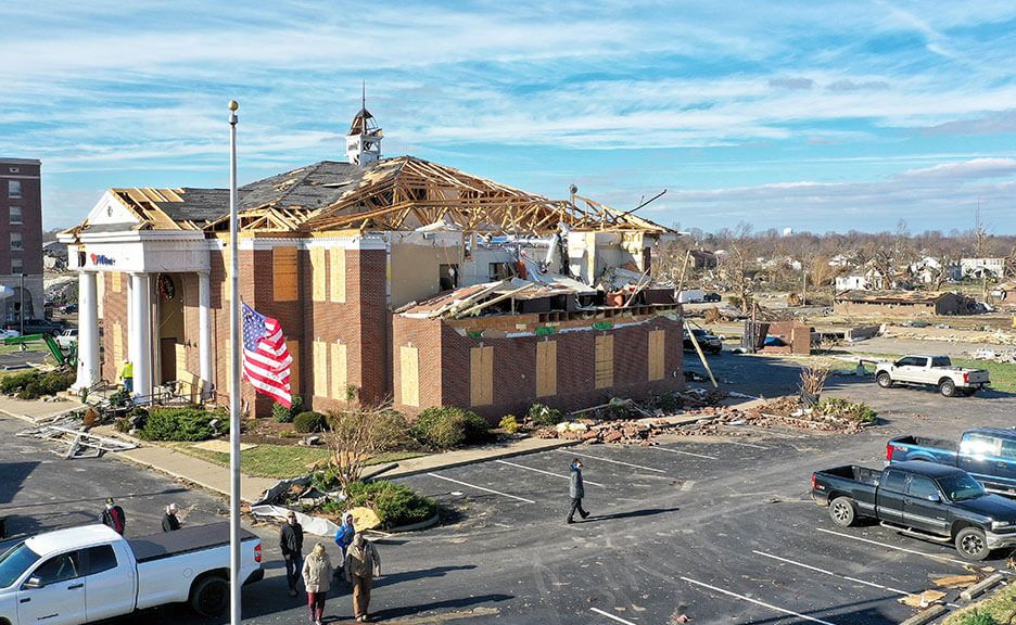 Mayfield Main Office exterior post tornado in 2021